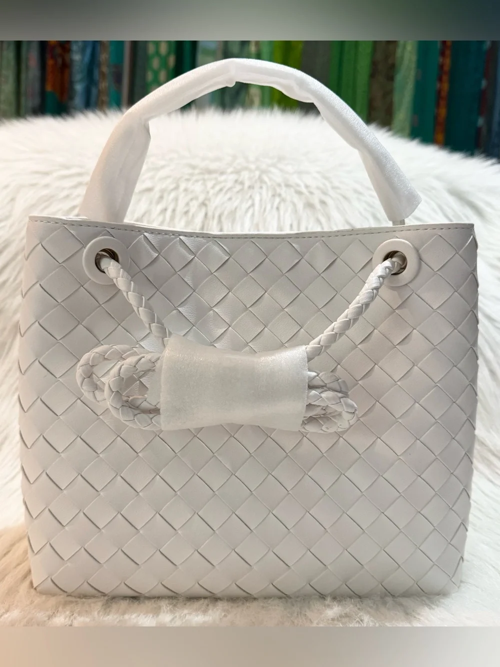 Tiffany & Fred Paris Woven Genuine Leather Satchel Crossbody Bag White NWT